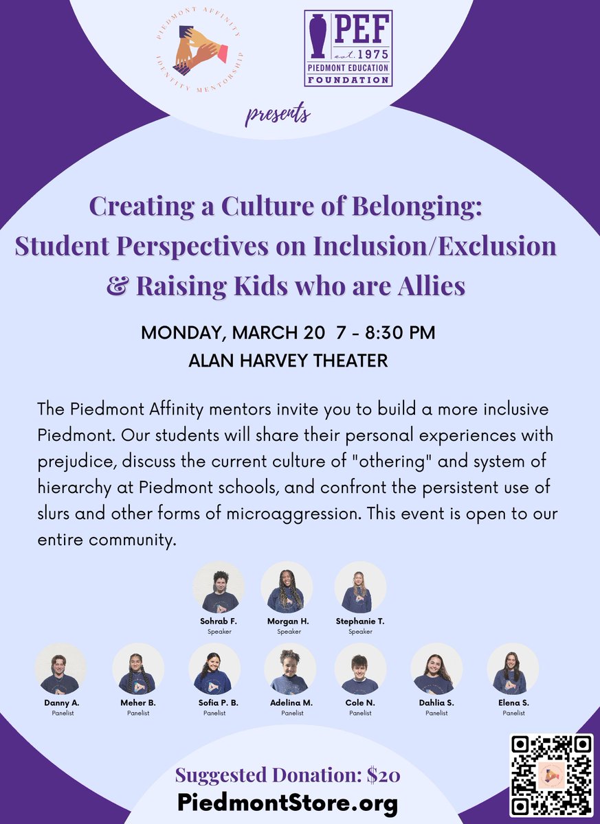 Community invited to special event hosted by Piedmont Affinity Mentorship. On March 20, Piedmont/Millennium High School students will share their personal journey and experiences navigating PUSD as a marginalized person, and how to create a culture of inclusion in the district.