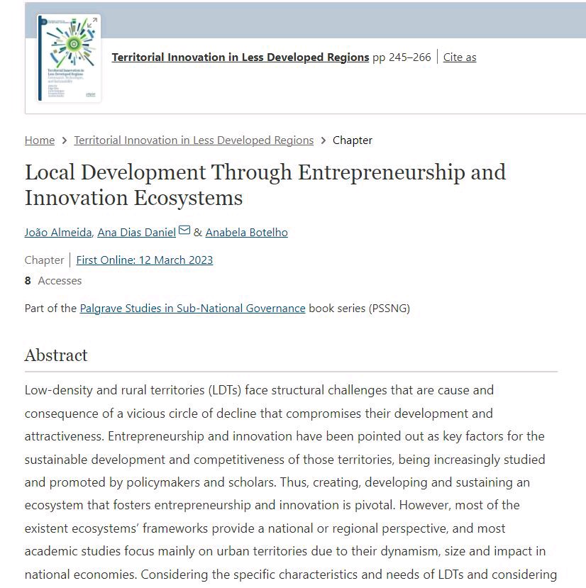 ✒ Just published a chapter on 'Local Development through Entrepreneurship and Innovation Ecosystems'

Link here: lnkd.in/dvkPkWWi

Are you interested in knowing more about #Entrepreneurship in #ruralareas?👇 

 #phd #AcademicTwitter #AcademicChatter #localdevelopment