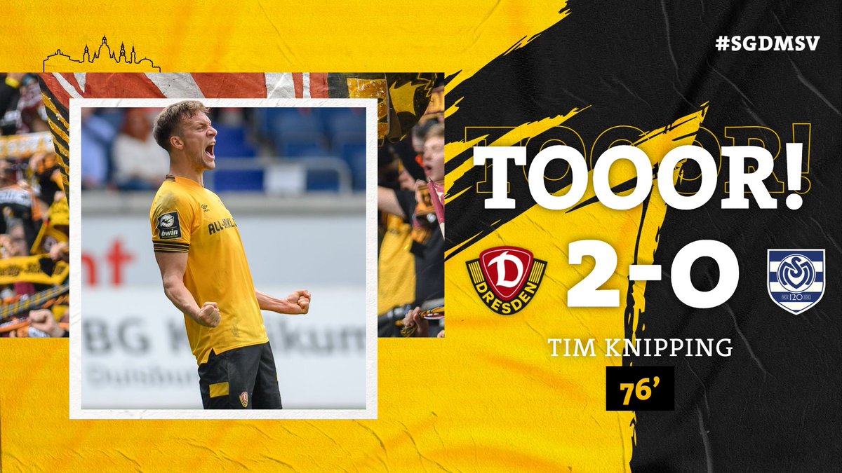 DynamoDresden's tweet image. 76' TOOOOR für Dynamo! Tim #Knipping erhöht per Kopf auf 2:0. Weiter so, Männer! 🤩🤩🤩 #SGDMSV #sgd1953