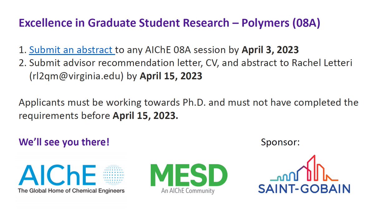 Emily Davidson (@cemilyd) on Twitter photo Graduate students in polymer science, apply to the 2023 Polymers AIChE <a href="/ChEnected/">American Institute of Chemical Engineers (AIChE)</a> Excellence in Graduate Research Symposium! Co-chairing this with <a href="/rachel_letteri/">Rachel Letteri</a> <a href="/tgartner_3/">Thomas E. Gartner III</a> and <a href="/GabrielESanoja/">Gabriel E Sanoja</a> ! Thanks to <a href="/saintgobain/">Saint-Gobain</a> for sponsoring top talk awards! Graduate students in polymer science, apply to the 2023 Polymers AIChE <a href="/ChEnected/">American Institute of Chemical Engineers (AIChE)</a> Excellence in Graduate Research Symposium! Co-chairing this with <a href="/rachel_letteri/">Rachel Letteri</a> <a href="/tgartner_3/">Thomas E. Gartner III</a> and <a href="/GabrielESanoja/">Gabriel E Sanoja</a> ! Thanks to <a href="/saintgobain/">Saint-Gobain</a> for sponsoring top talk awards!