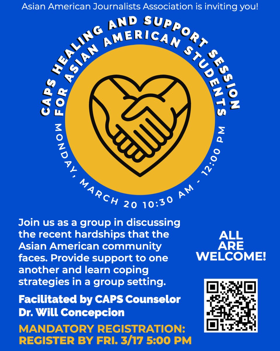 CAPS Healing and Support Session for Asian American Students. Mon, Mar 20, 10:30 am - 12 pm.  Register by this Fri, Mar 17 #AAJACSUF #CSUF #COMMCSUF