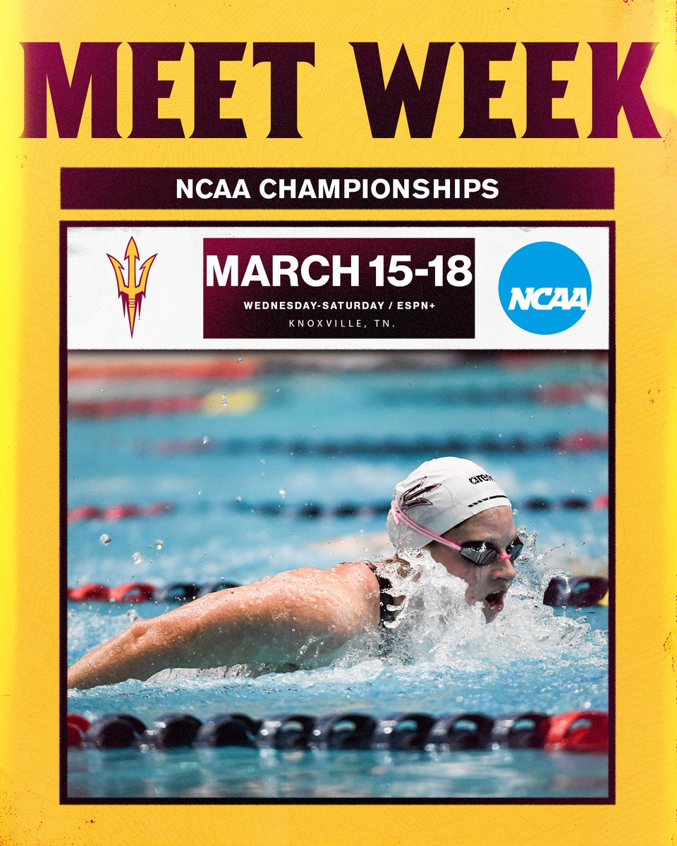 ASUSwimDive's tweet photo. Time to show out on the national stage 😈

🔱 NCAA Women's Swimming Championships
📍 Knoxville, TN.
🗓 Wednesday-Saturday
💻 ESPN+
📊 Meet Mobile
🔗 https://t.co/4e3dSLx3YE https://t.co/1oveK5PMUd