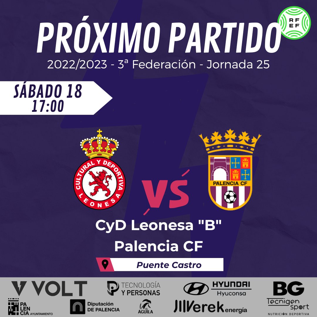 ⚽️ El sábado nos desplazamos hasta León

🆚 <a href="/CultuAcademia/">Cultu Academia</a> 
⏰17:00
🏟 Puente Castro

#CorazónMorado #PalenciaCF