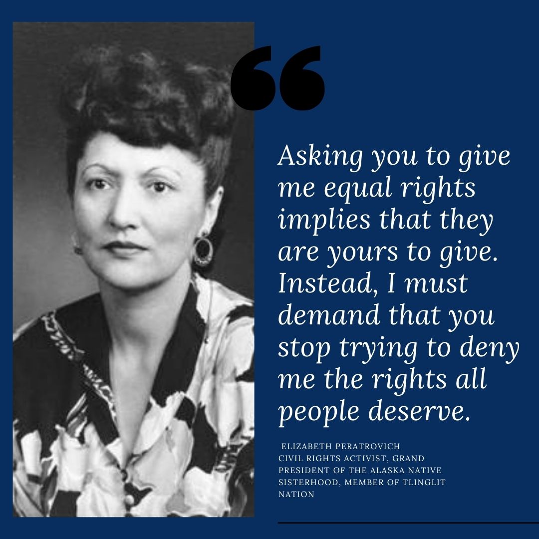 MottCollege's tweet photo. Elizabeth Peratrovich was an activist , Alaskan native, &amp; member of the Tlingit Nation, serving as the Grand President of the Alaska Native Sisterhood. She lobbied Alaskan lawmakers to pass anti-discrimination legislation, which it did in 1945. #WomensHistoryMonth https://t.co/XkHwW3Lj1Y