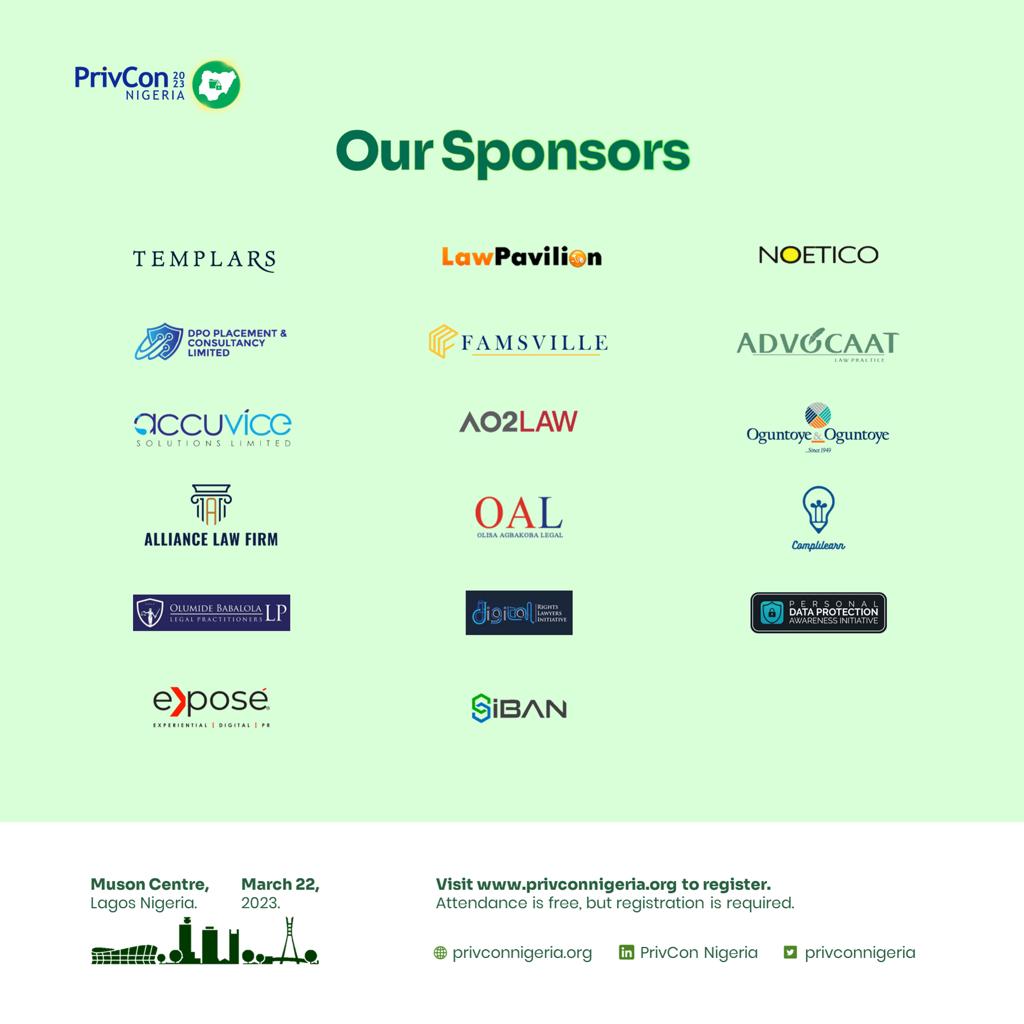 PrivConNigeria's tweet image. Massive thanks to our sponsors. PrivCon Nigeria 2023 promises to engage Professionals/Corporates, and transform Data Privacy &amp;amp; Protection in Nigeria and beyond. A Hopi proverbs says &quot;One finger cannot lift a pebble.”
#PrivCon2023 #dataprivacy #privacyconference #ndpr #gdpr