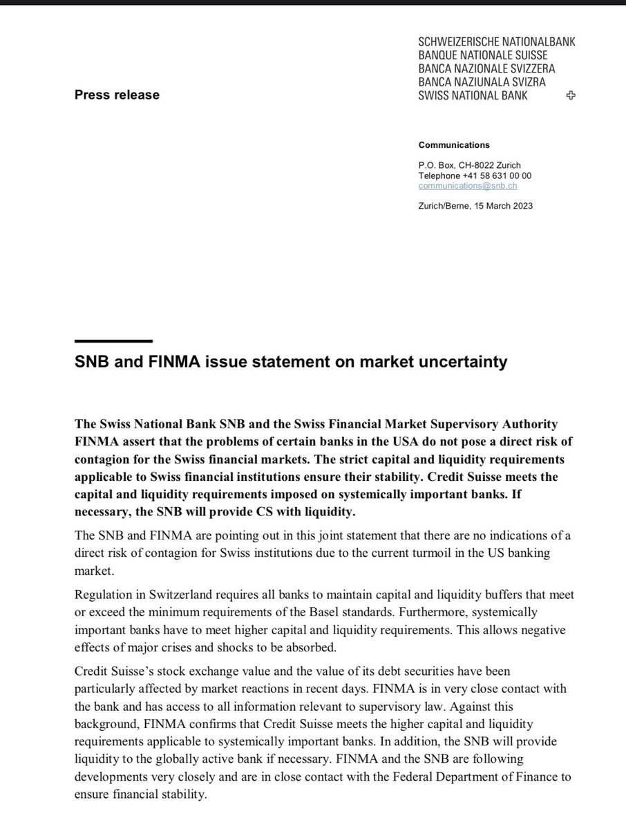 #Switzerland national bank says: 

#CreditSuisse meets the capital and liquidity requirements imposed on systemically important banks

If necessary, the SNB will provide CS with liquidity

No help until needed is the takeaway 👇