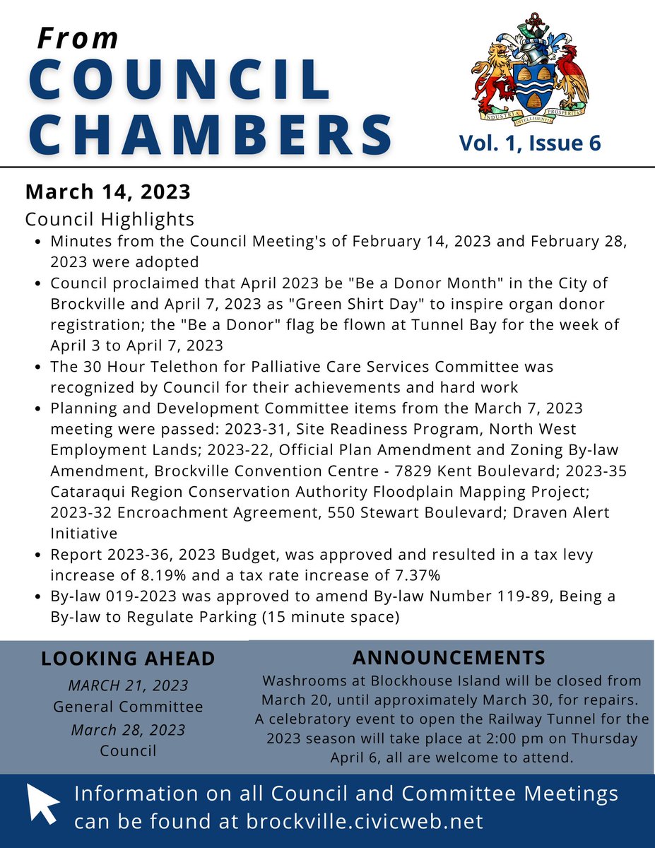 "From Council Chambers" provides an overview of the <a href="/BrockvilleON/">City of Brockville</a> Council meeting held on March 14, 2023. To re-watch the meeting and access more information, please visit brockville.civicweb.net