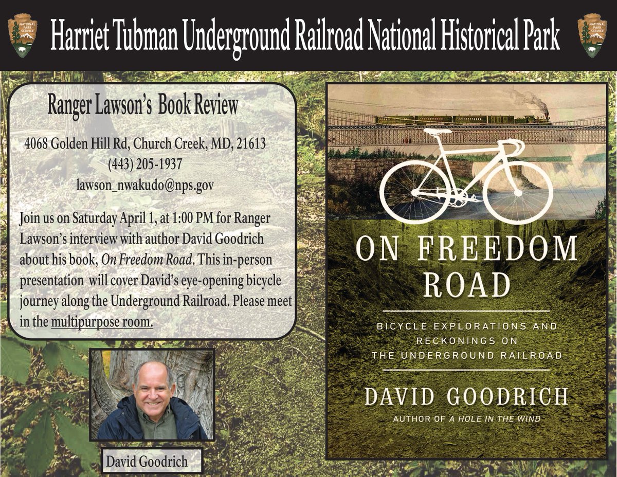 Make sure you #savethedate for Ranger Lawson's Book Review on April 1, 2023! We will be interviewing author David Goodrich about his book entitled, On Freedom Road. The program will take place at 4068 Golden Hill Road in the park's multipurpose room. 
#nps #nationalparkservice