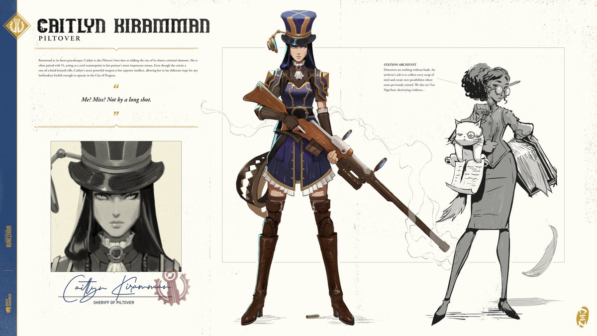 RiotDenwhat's tweet photo. Had lots of fun putting together my LoR Piltover &amp; Zaun concepts into a book-like format.

More work and context on my new Artstation post! https://t.co/Einz3REVWK <3

(Note: the Cait design was based on Arcane and didn't get used for LoR) https://t.co/frKRNTo1pr