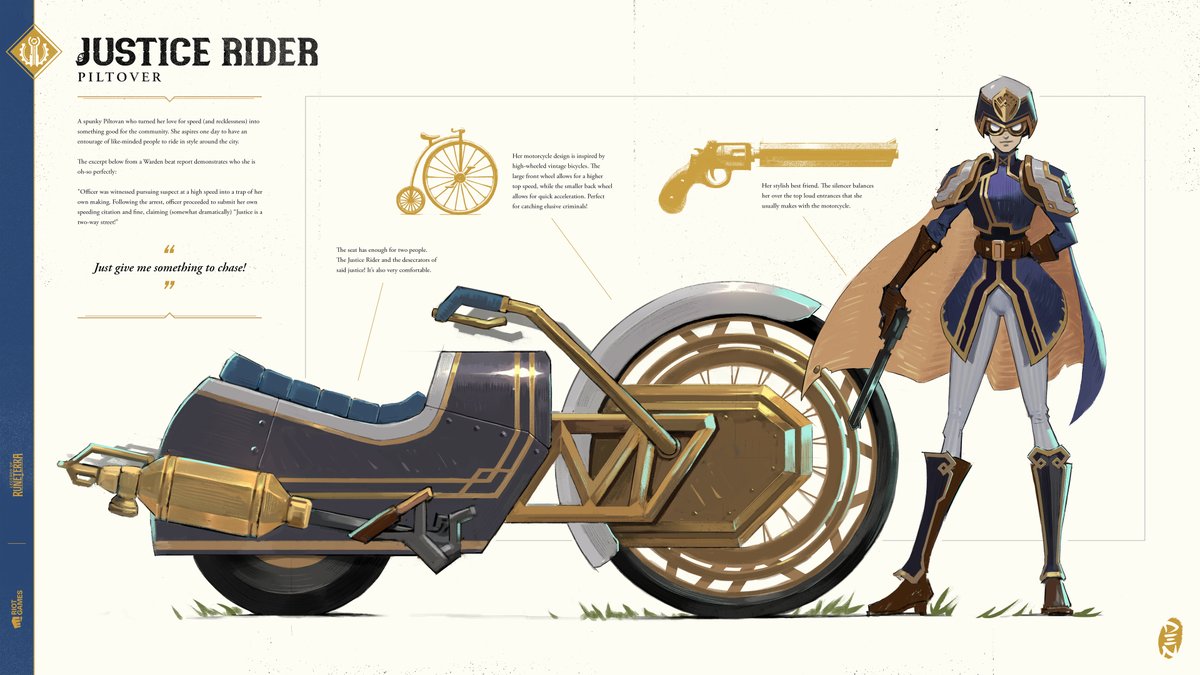 RiotDenwhat's tweet photo. Had lots of fun putting together my LoR Piltover &amp; Zaun concepts into a book-like format.

More work and context on my new Artstation post! https://t.co/Einz3REVWK <3

(Note: the Cait design was based on Arcane and didn't get used for LoR) https://t.co/frKRNTo1pr