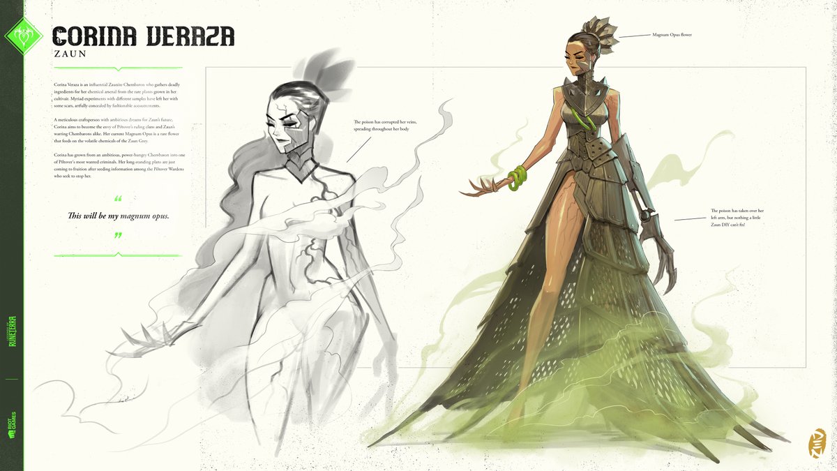 RiotDenwhat's tweet photo. Had lots of fun putting together my LoR Piltover &amp; Zaun concepts into a book-like format.

More work and context on my new Artstation post! https://t.co/Einz3REVWK <3

(Note: the Cait design was based on Arcane and didn't get used for LoR) https://t.co/frKRNTo1pr