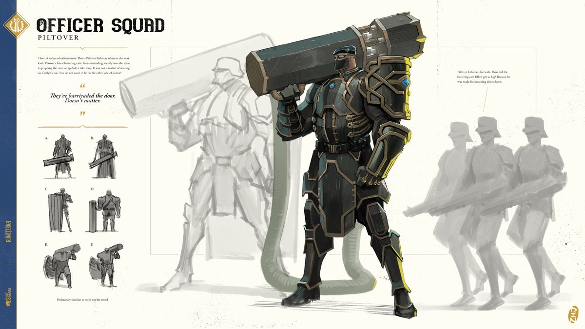 RiotDenwhat's tweet photo. Had lots of fun putting together my LoR Piltover &amp; Zaun concepts into a book-like format.

More work and context on my new Artstation post! https://t.co/Einz3REVWK <3

(Note: the Cait design was based on Arcane and didn't get used for LoR) https://t.co/frKRNTo1pr