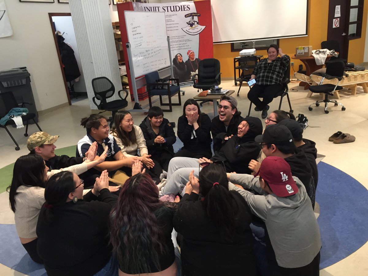 NS students catch their classmate Grace Metuq as they play "Igunaujaq" in Meeka Kakudluk's Inuktitut class.  What a lot of laughter!