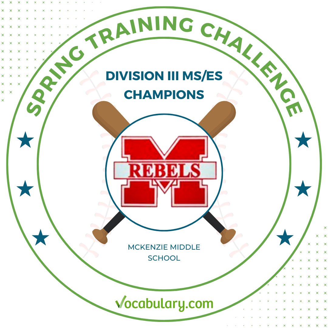 Vocabulary.com (@vocabularycom) on Twitter photo Congrats to our middle and elementary school Spring Training champs! <a href="/MargateMSSTEM/">Margate Middle STEM</a>, <a href="/LaderaVistaJH/">Ladera Vista</a>, and McKenzie Middle School stepped up to the plate and stole the top spots in their divisions.
Check out the list of winners from the challenge here: bit.ly/3Ff6cP9 Congrats to our middle and elementary school Spring Training champs! <a href="/MargateMSSTEM/">Margate Middle STEM</a>, <a href="/LaderaVistaJH/">Ladera Vista</a>, and McKenzie Middle School stepped up to the plate and stole the top spots in their divisions.
Check out the list of winners from the challenge here: bit.ly/3Ff6cP9