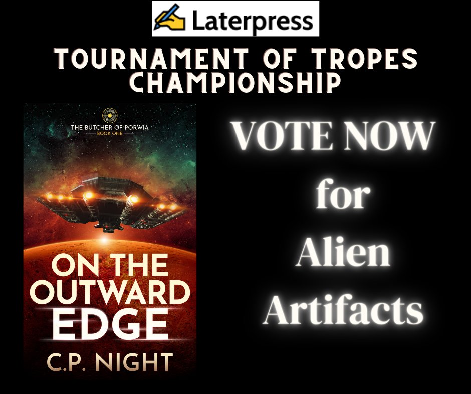 nightowlwriter's tweet photo. Ah! Alien Artifacts made it to the championship round in the Tournament of Tropes! Can you help bring the win home? 
Just click the link, scroll to the bottom of the post and pick Alien Artifacts for the win! 
#scifi 
https://t.co/ZlCR7bBR5V https://t.co/ArSMzp0TW4