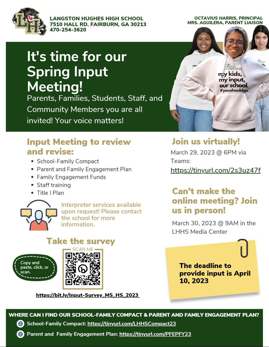 Mrs_Aguilera1's tweet photo. It’s time! ¡Es tiempo! We need ALL @LHughesNews parents, staff, community members, and students on board for our Spring Input Meeting #youshouldgo https://t.co/Vxshh8u4cK