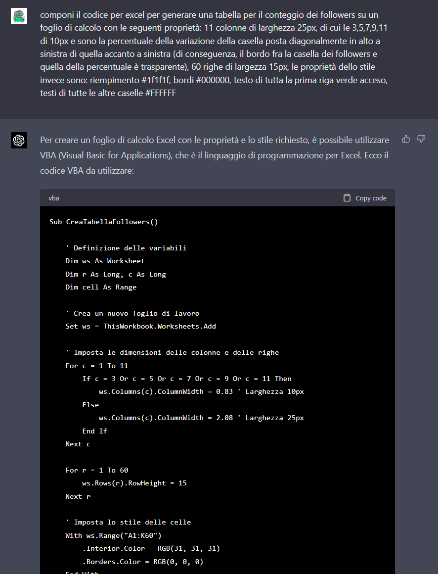 nonfungiblehmn's tweet photo. Just used #chatgpt4 by @OpenAI🤖🔥 
 for the first time and my mind is BLOWN! 🤯 Taught it a simple #Excel prompt, and it whipped up a macro to automate my entire workflow! 💼🚀 No more tedious tasks for this human! 🙌 #ProductivityHacks #AIRevolution #SpreadsheetGuru #VBAWizard https://t.co/juRojXeXoM