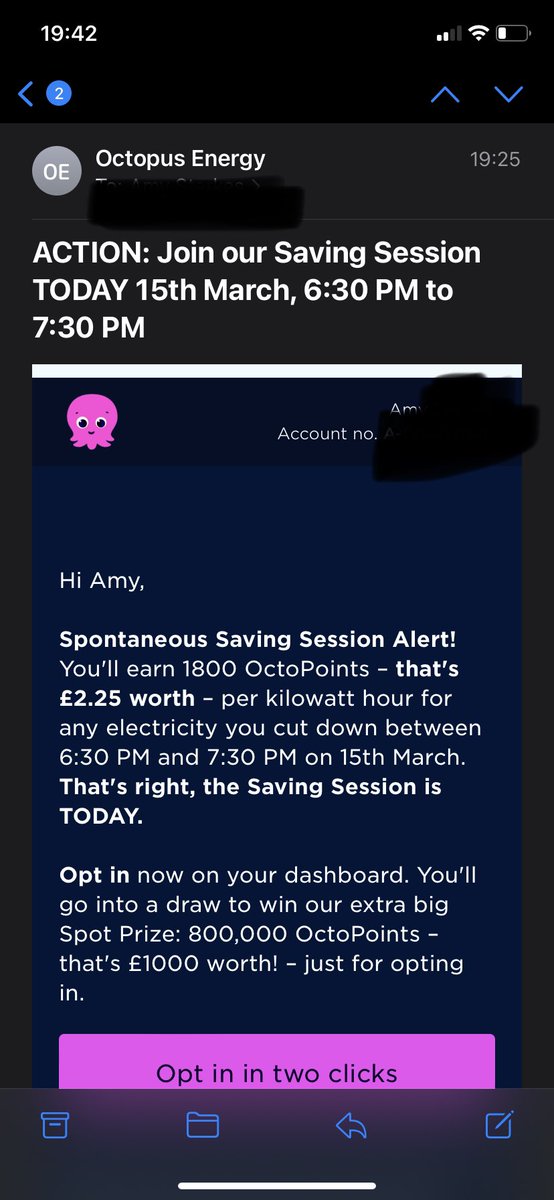 StarkesAmy's tweet photo. @OctopusEnergy bit late sending the email at 19.25 for the 6.30 saving session!! https://t.co/JpCOevr9Rj