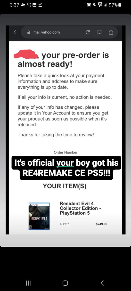 Draconna's tweet photo. I shud be happy knowing that my order hasn't been canceled and is ready to be shipped my #RE4Remake collectors edition PS5 but sad that thousands of ppls got canceled. Still thinks #gamestop needs to do better and pay more attention to shit like this. My late bday gift thanx hun https://t.co/a1CGrq2X7Q