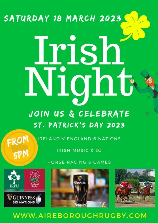 Irish Night at Aireborough RUFC! This Saturday! From 5pm - come and join in the craic!

#StPaddysDay #6Nations #NightOut #OutOut #Guiseley #Yeadon
aireboroughrugby.com/news/irish-nig…