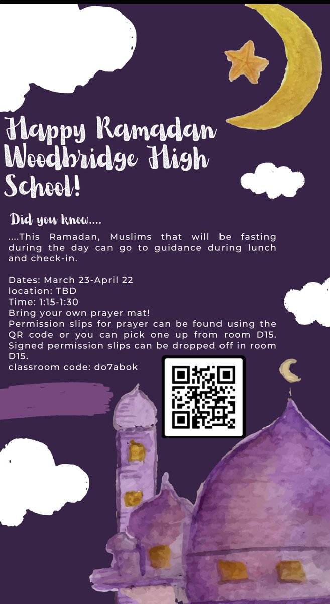 Ramadan is an observed month in the Islamic calendar year when Muslims fast, pray, and reflect. This year Ramadan is from 3/23-4/22. If you are a WHS student that needs fasting or prayer accommodations, please see the attached flyer. #WeAreBarrons <a href="/WHS_DEI/">WHS_DEI</a> <a href="/WHSBarronPride/">Woodbridge Barrons 🇺🇸</a>