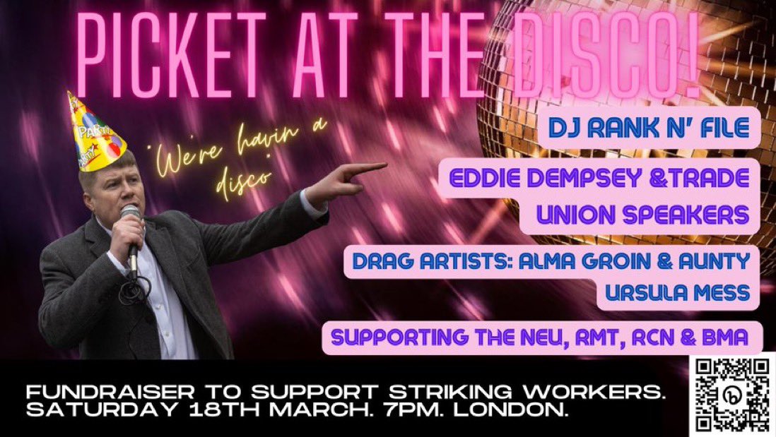 EnoughLondon's tweet photo. You’ve still got time to grab a ticket and send the DJ your requests 🪩

Ft. Trade Unionists and Drag Artists for a massive Solidarity Strike Fundraiser! 

Saturday 18th March, 7pm - late. 

Drinks from £3. 18+ Event.

Tickets here: https://t.co/6rWye9HdLm https://t.co/ucHQXL0Sc8