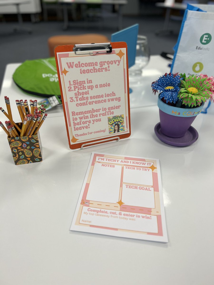 SlaughterLC's tweet photo. Our library is set up for a unique teacher PD: Teacher Tech Show! Teachers will be hanging out and sharing how they and their students use technology in their classrooms. Here’s to gettin’ groovy with #edtech! @SlaughterES #slaughterstrong #mymisd #mckedtech #misdlearns https://t.co/gO9R5Pzrq2