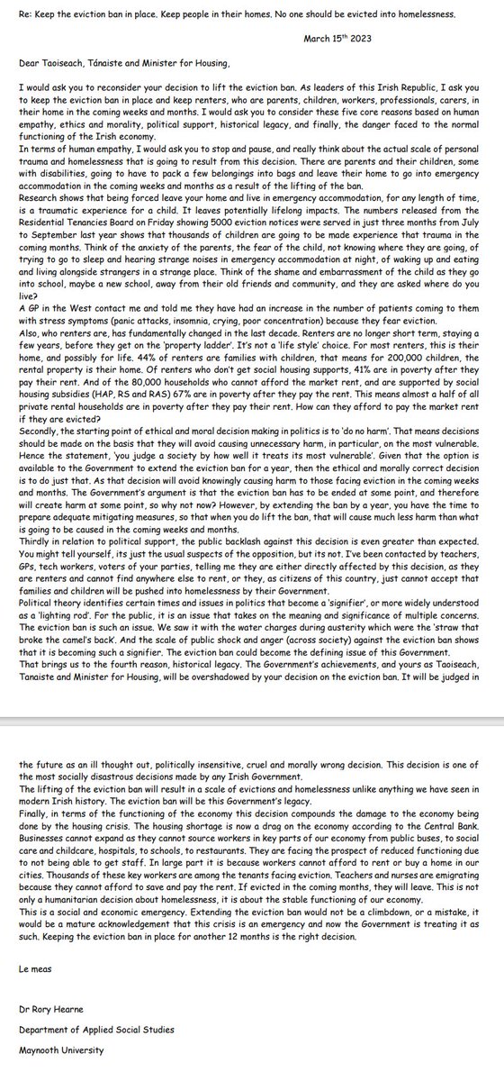 I have emailed the Taoiseach, Tanaiste &amp; Minister for Housing asking them to keep the #Evictionban based on human empathy, ethics &amp; morality, political support, historical legacy, &amp; finally, the danger faced to the Irish economy.
Here is the letter.
If you can, please email them