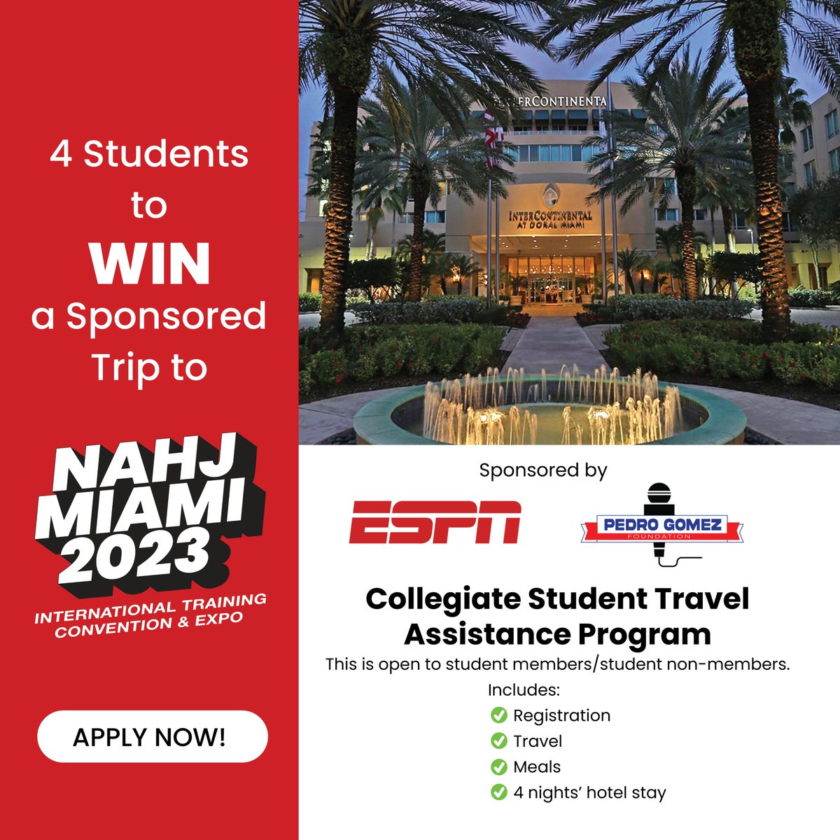 NAHJ's tweet photo. Want a free trip to the #NAHJ2023 convention in Miami? ✈️
We're thrilled to announce this opportunity for students, in partnership with @espn/@ESPNDeportes and @PGFoundation_.
Applications are now open: https://t.co/NnxE2dtth9 https://t.co/CEuNC2Knwo