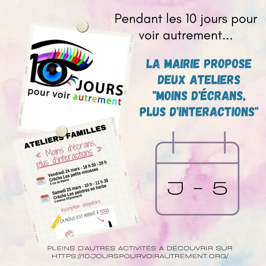 10_jours's tweet photo. 📆 J - 5
Pendant le défi,  venez participer à un atelier "moins d'écrans, plus d'interactions" à @VilledeChatou en échangeant entre parents sur la place des écrans dans notre quotidien.  

Plus d'info : https://t.co/pz9ODUPfyP https://t.co/0aQIphvfk9