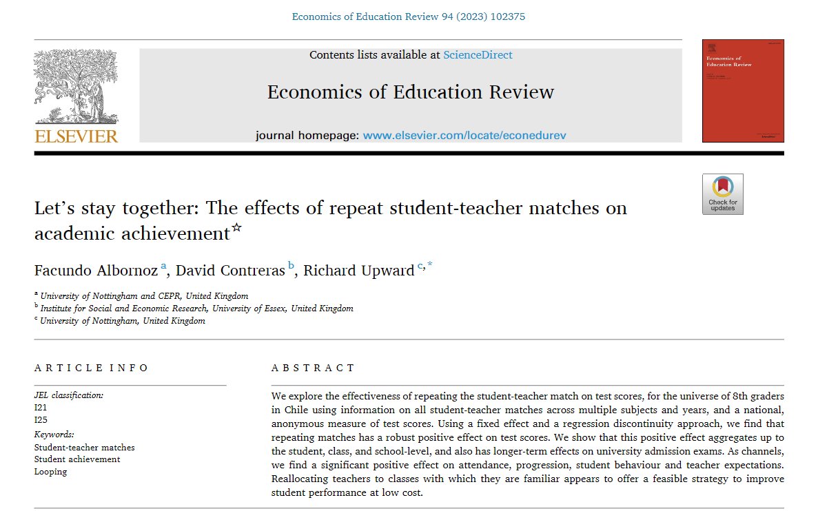 El efecto positivo de que los estudiantes tengan el mismo docente durante dos años, Tiene un efecto positivo en la asistencia, la progresión, el comportamiento del estudiante y las expectativas del profesor. sciencedirect.com/science/articl…
