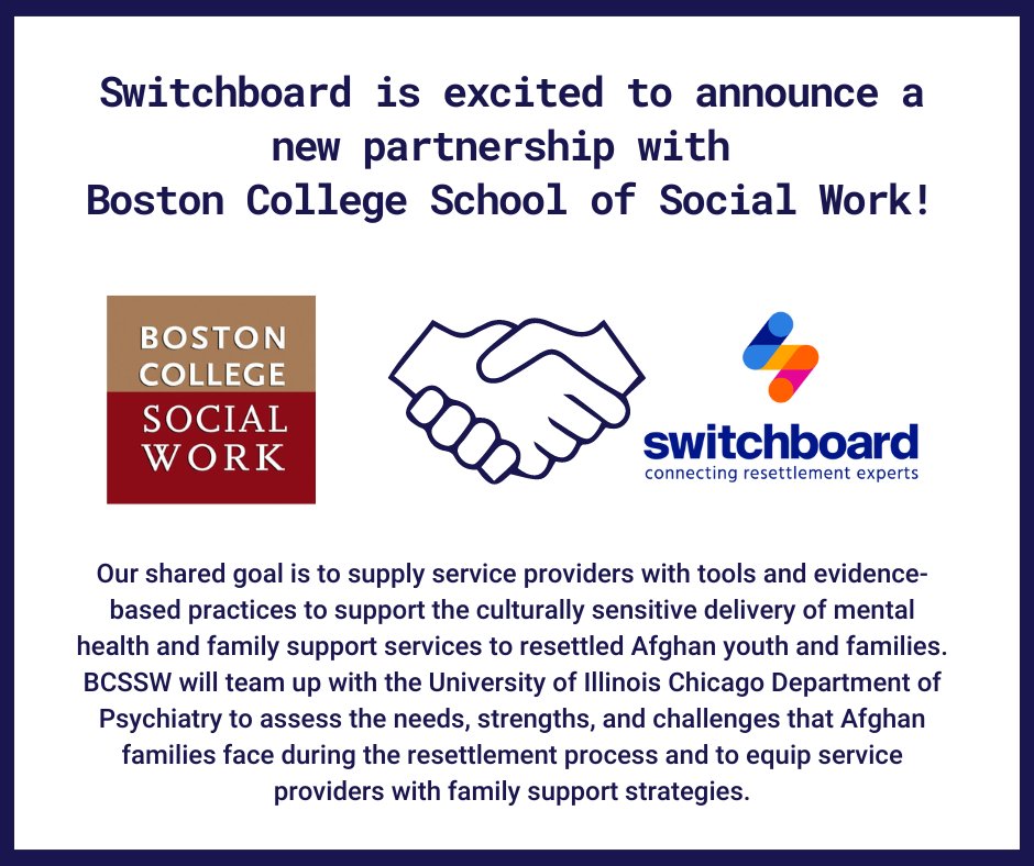 Switchboard is excited to announce a new partnership with Boston College School of Social Work! BCSSW will provide resources for culturally informed practices that service agencies can utilize to engage the community. Stay tuned for more updates. #switchboardpartner #partnership