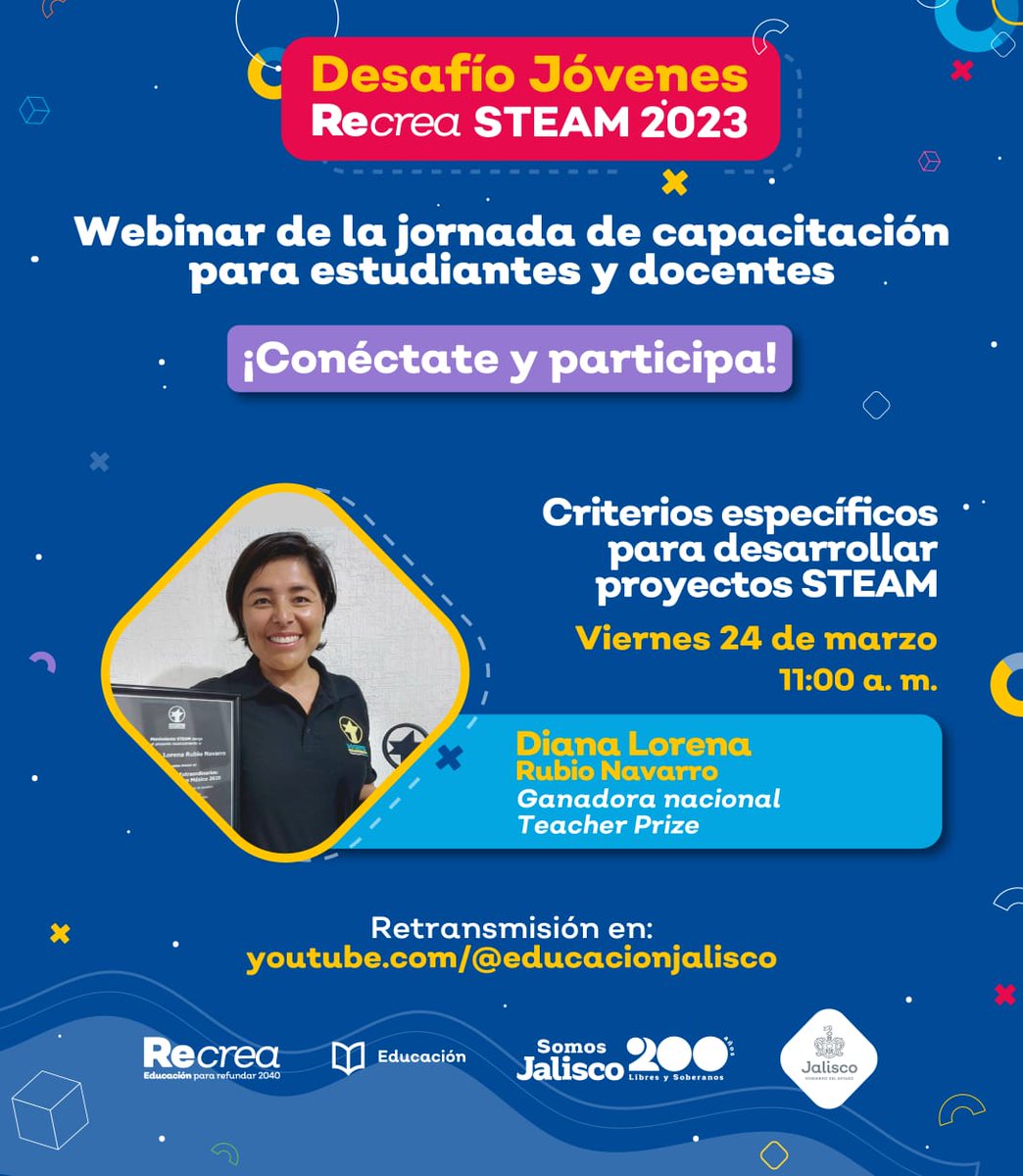 cecytejal_'s tweet photo. ❗Conéctate❗

Te invitamos a participar en esta webinar con el tema "Criterios especificos para desarrollar proyectos STEAM", impartida por Diana Lorena Rubio Navarro, Ganadora nacional Teacher Prize a las 11:00 a.m.

youtube/@educaciónjalisco

#SomosGrandes💖 
#SomosCECyTEJ💚🧡 https://t.co/a8HZP8xcOc