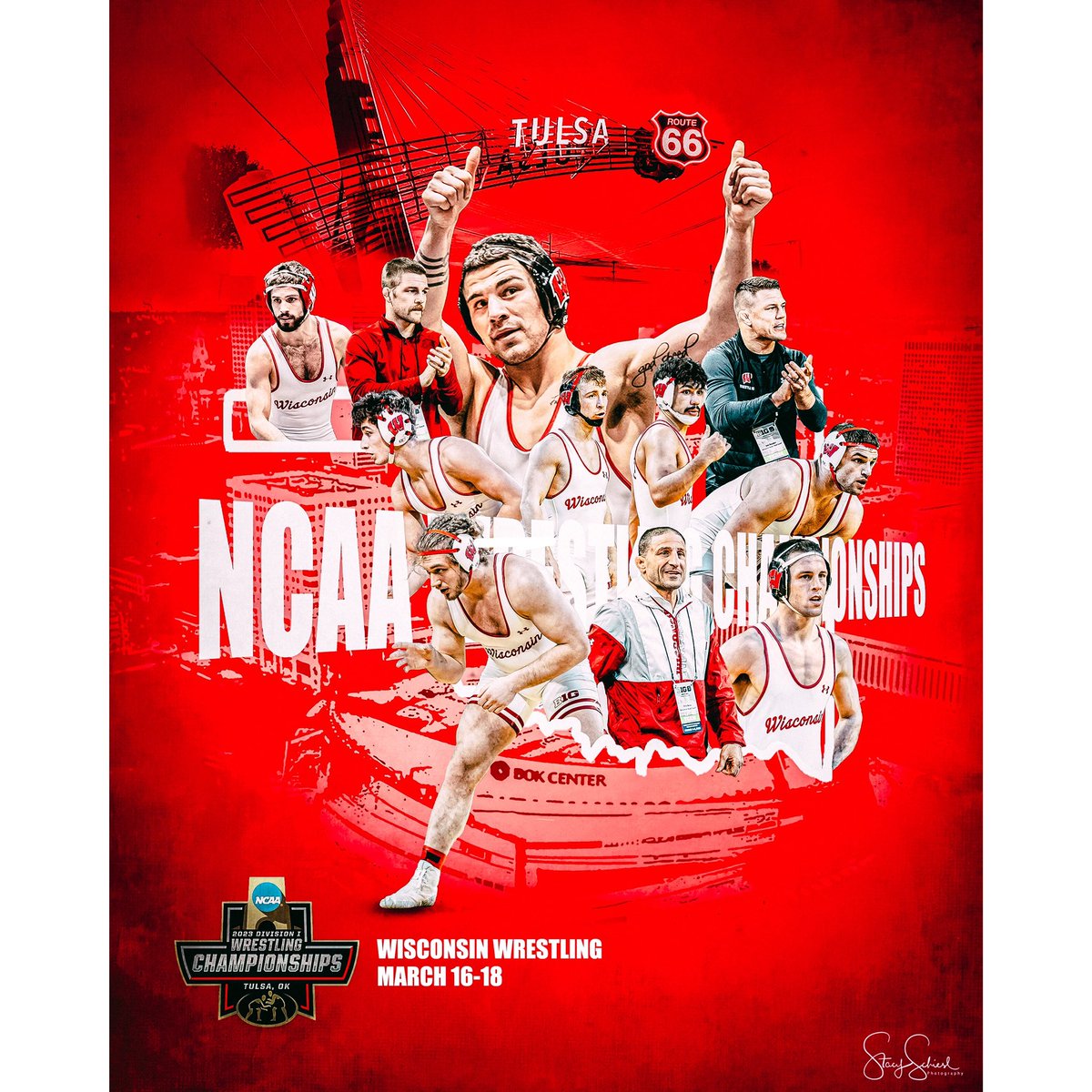 ssphoto_design's tweet photo. The work is done! Day 1 of NCAAs begins tomorrow #letsgo ‼️ Excited to see the Hustle, Effort and Attitude @badgerwrestling has brought to Tulsa and see them bring some hardware home to Madison! Watch live ESPNU &amp; ESPN https://t.co/QSZHOFWUJI