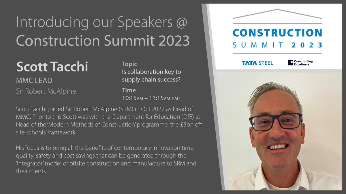 TataSteelConstr's tweet photo. We are delighted to announce that Scott Tacchi of Sir Robert McAlpine (https://t.co/s9rkDAvN7J) will be one of the speakers at the Construction Summit on Thursday, March 16th, at The BRE Watford. More details here > https://t.co/KWvkEdj202
#TSCEconstructionsummit https://t.co/yRQ7YK1Lto