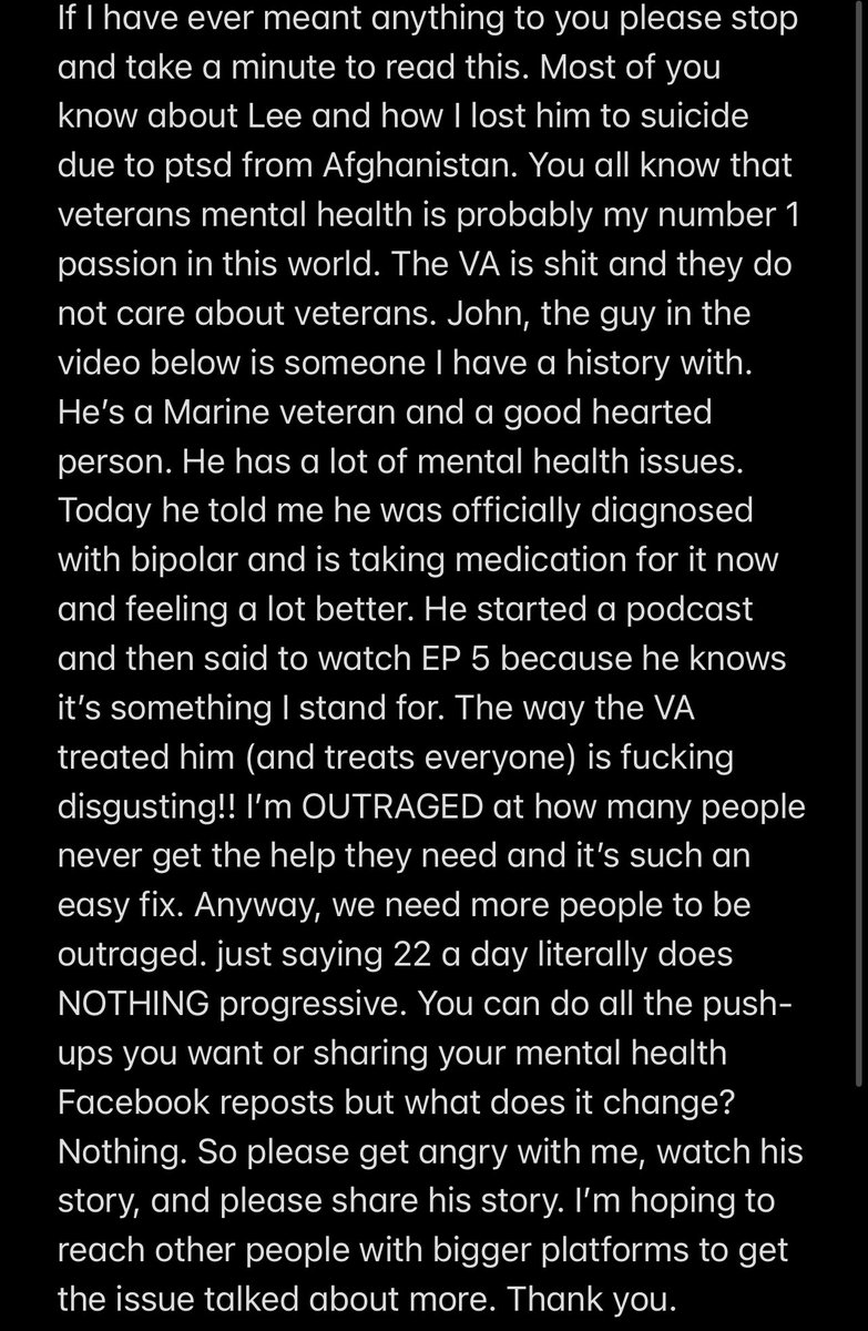 A shortened version of my fb post. This is about veteran health and the incompetence of the VA. Please read my screenshot and then watch Johns video. And like/subscribe to him. #OPLive #OPNation #veteranmentalhealth #marine #VAsucks 
 
youtu.be/z5guRfkdurk
