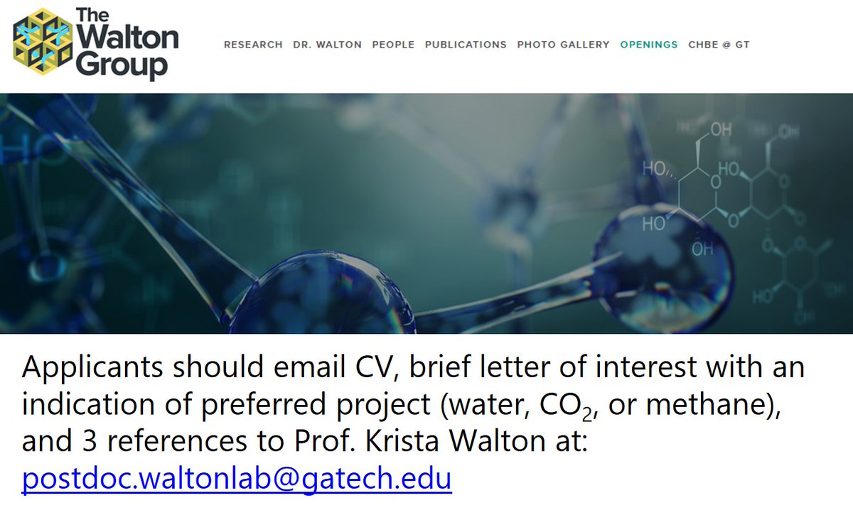 My group at Georgia Tech has openings for 3 postdocs! Twitter friends, please help me get the word out! Projects available in water harvesting, CO2 capture, and methane storage. #adsorption #MOFs #separations #postdocposition #postdocjobs  For details: walton.chbe.gatech.edu/openings