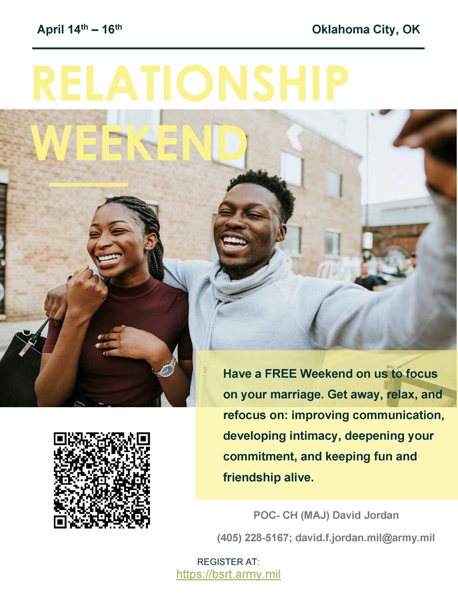 Oklahoma Army National Guard families! Don't miss your opportunity to have the Guard pay for a weekend for you and your spouse to focus on your marriage.

Register NOW for the April 14-16 OKARNG Relationship Weekend in Oklahoma City.

bsrt.army.mil/Quick-Event-Re…