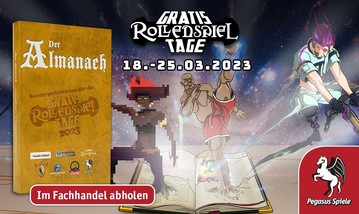 Ab heute finden die #GRT2023 statt. 

Auch Goodies und den Almanach gibt es wieder. Die Sonderpublikation zum GRT mit allerhand spannenden Inhalten von uns & weiteren #pnpde -Verlagen. Erhältlich ist der Almanach im teilnehmenden Fachhandel - gratisrollenspieltag.de/events/locatio…

@GRT_Orga