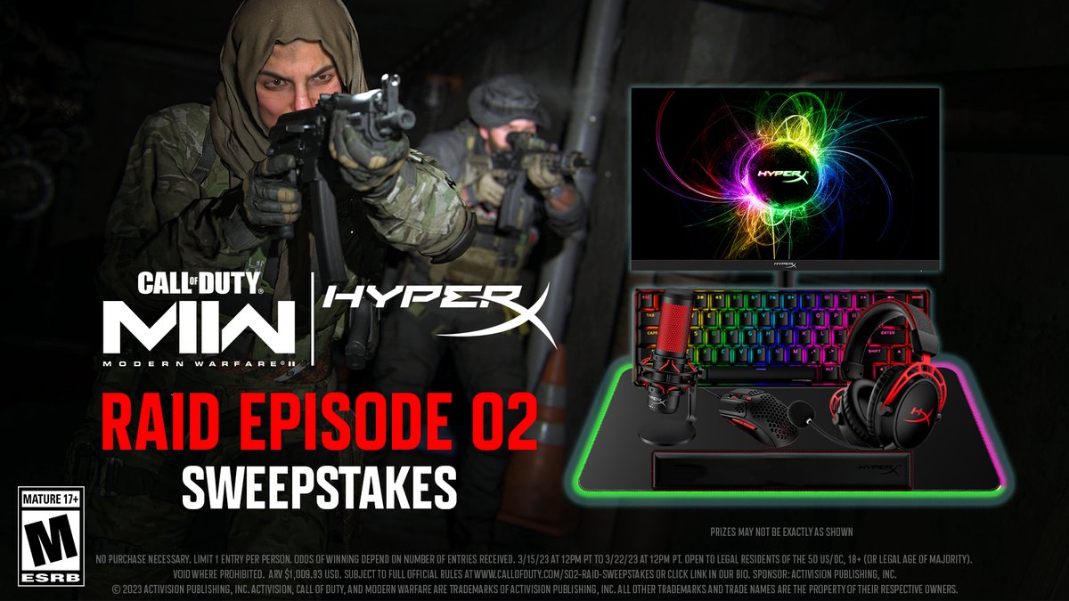 CallofDuty's tweet photo. Take on Raid Episode 02 with some all new gear from @HyperX 🧩

Enter for a chance to win:
✅ Follow @callofduty
✅ Like this post
✅ Reply with #CallofDuty_Raid_Sweepstakes and your favorite TF141 Operator.

18+ US only. Full rules 👉 https://t.co/4g0TSsD0BX https://t.co/zAYYPeNZ7w
