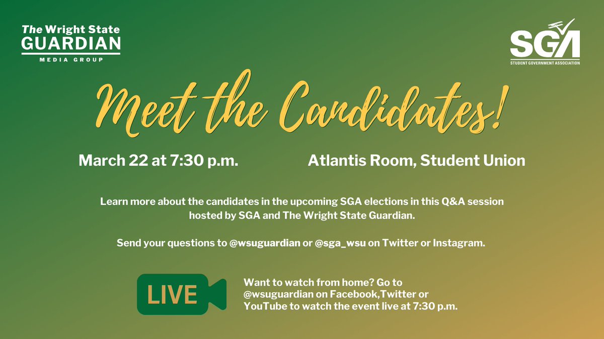 The Wright State Guardian (@wsuguardian) on Twitter photo Join us in-person or virtually next Wednesday as we meet the candidates for the upcoming <a href="/SGA_WSU/">WSU Student Government Association</a> election! Join us in-person or virtually next Wednesday as we meet the candidates for the upcoming <a href="/SGA_WSU/">WSU Student Government Association</a> election!