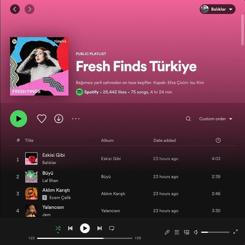 "Eskisi Gibi", Bağımsız alternatif sahneden yeni keşiflerin yer aldığı @spotifyturkiye Fresh Finds Türkiye listesinde.

#balıklar #spotify #freshfinds @die_for_you_records