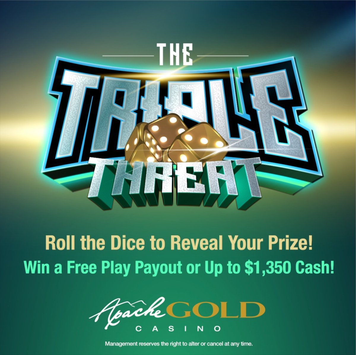 ApacheGoldCR's tweet photo. 🎲 Cha-Ching! Don't get left behind! Come join us for The Triple Threat! Come play and you can win Free Play Payout or up to $1,350 cash money!
#casinofun #casinogames #apachegoldcasino #winbig https://t.co/94XwnuDBrA