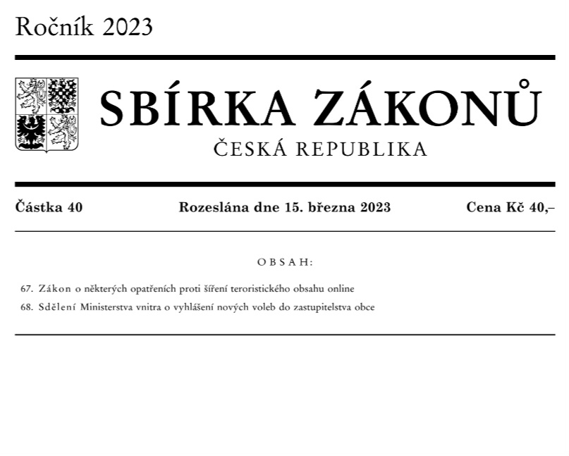 Dnes vyšel ve Sbírce zákonů nový zákon o některých opatřeních proti šíření teroristického obsahu online z pera <a href="/vnitro/">Ministerstvo vnitra</a>, který svěřuje <a href="/ctu_cz/">ČTÚ</a> novou agendu týkající se hostingových služeb. Jeho účinnost nastává za 15 dní. 
👉 aplikace.mvcr.cz/sbirka-zakonu/…
