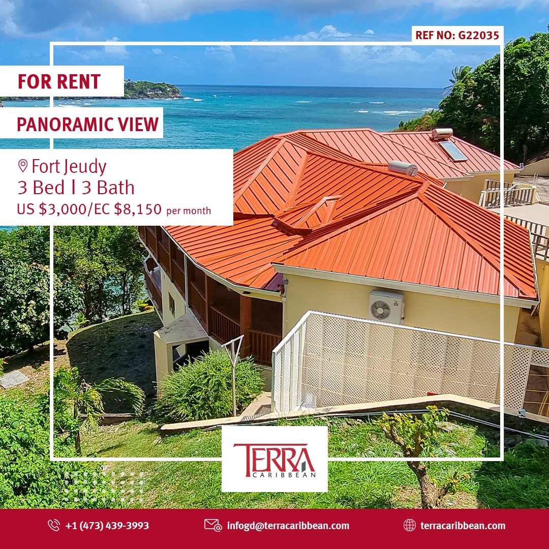 terragrenada's tweet image. APARTMENT FOR RENT - PANORAMIC VIEW
Location: Fort Jeudy, St. George
Floor Area: 2,600 sq.ft.
3 Bed | 3 Bath | 1 Powder
Rental Price: US $3,000 / EC $8,150 per month
Ref No: G22035
Link to listing: terracaribbean.com/.../Apartment/…
#terragrenada #apartmentforrent #panoramicview