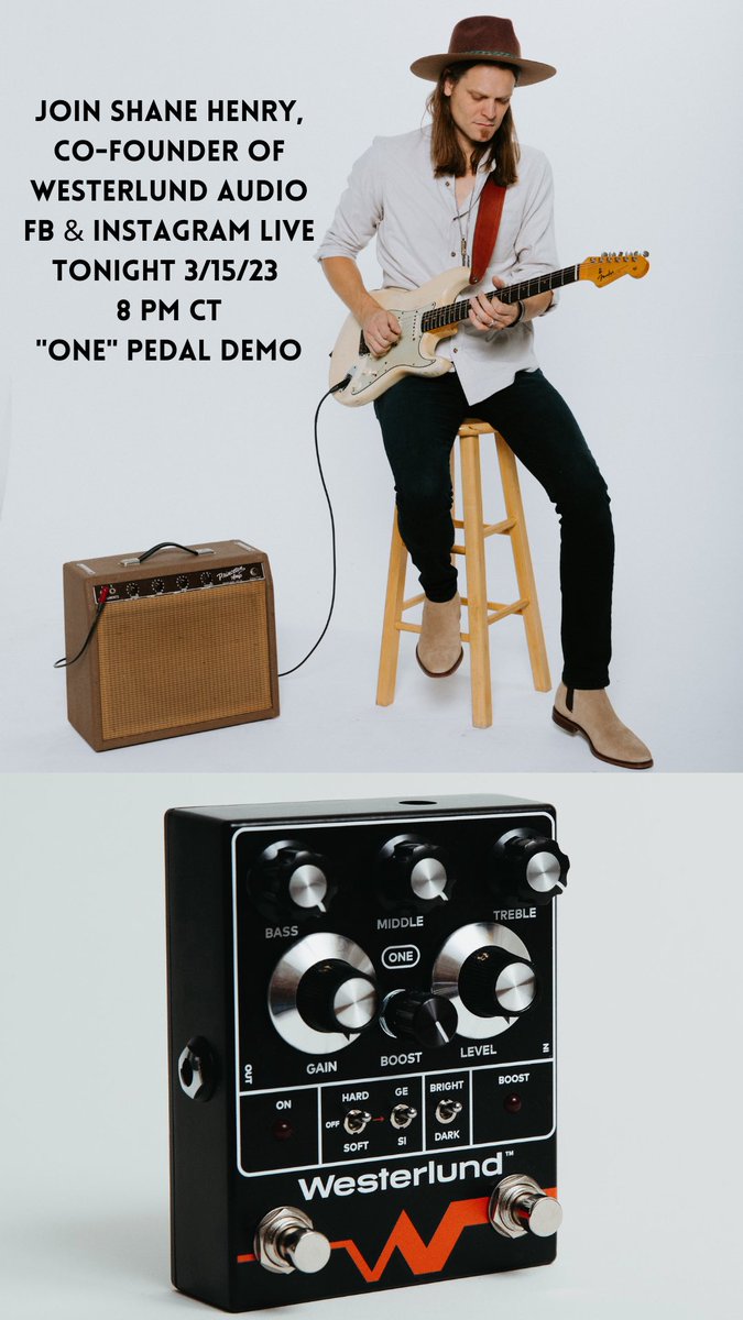 shanehenrymusic's tweet photo. Join me tonight for a #westerlundone Pedal Demo Livestream! 8 pm CT @shanehenrymusic and @westerlundaudio on Facebook and Instagram! #pedaldemo #guitarpedal #westerlundaudio #theone https://t.co/T8s88pajNX