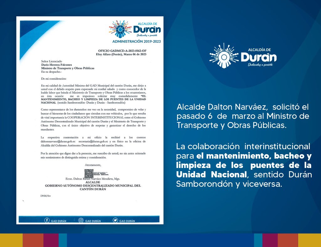Alcalde <a href="/daltonarvaez/">Dalton Narváez</a> solicitó el pasado 6 de marzo al ministro de Transporte y Obras Públicas @ObrasPublicasEc Dario Herrera <a href="/dariovherrera/">Darío V. Herrera</a>, el mantenimiento, bacheo y limpieza de los puentes de la Unidad Nacional (sentido Samborondón - Durán y viceversa).