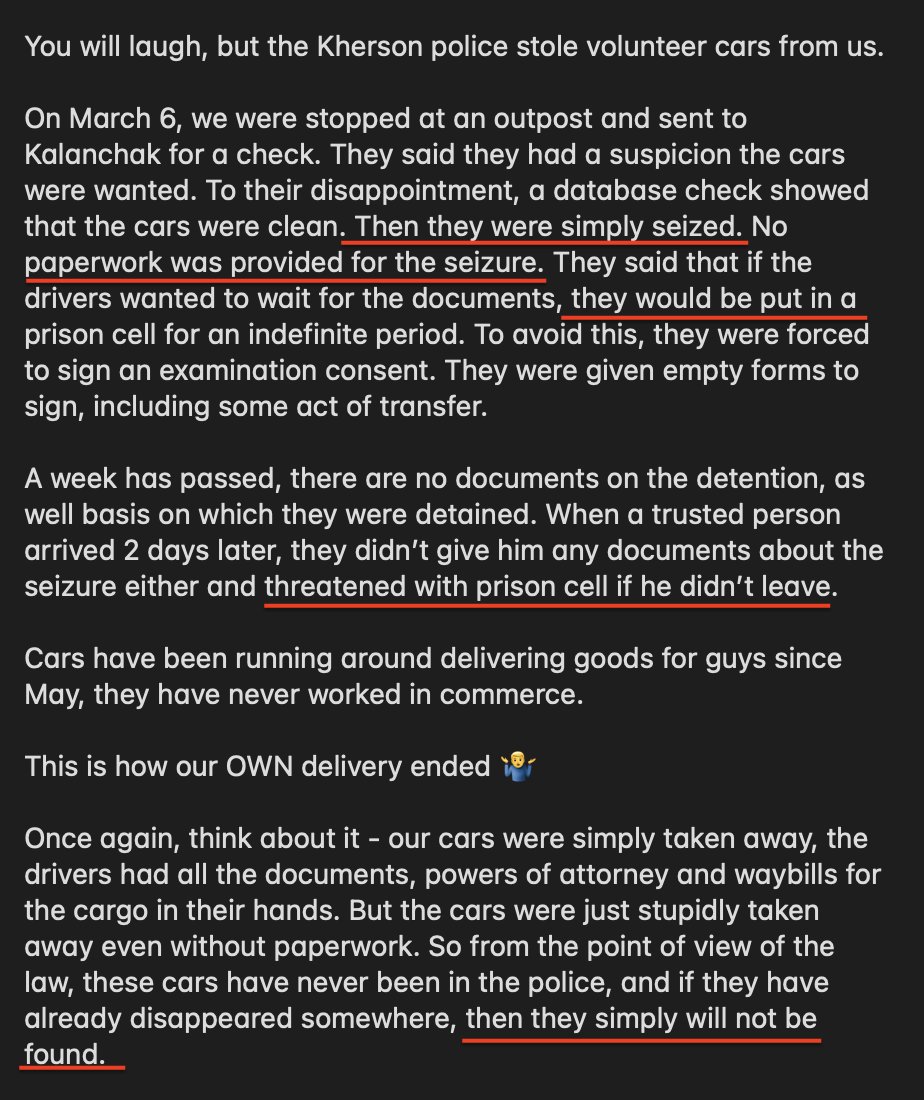 wartranslated's tweet photo. A notable Russian military correspondent had his vehicles seized by local police in the temporarily occupied territory in the Kherson region. 

Roman Saponkov, a Russian who often visits the frontline and appears on TV shows, explained how a week ago, collaborator police stopped his convoy and seized several vehicles despite having the correct paperwork. Roman was threatened with imprisonment if he decided to wait until the end of the expertise. 

A week later, the cars are nowhere to be found.

Welcome to "Russia"!