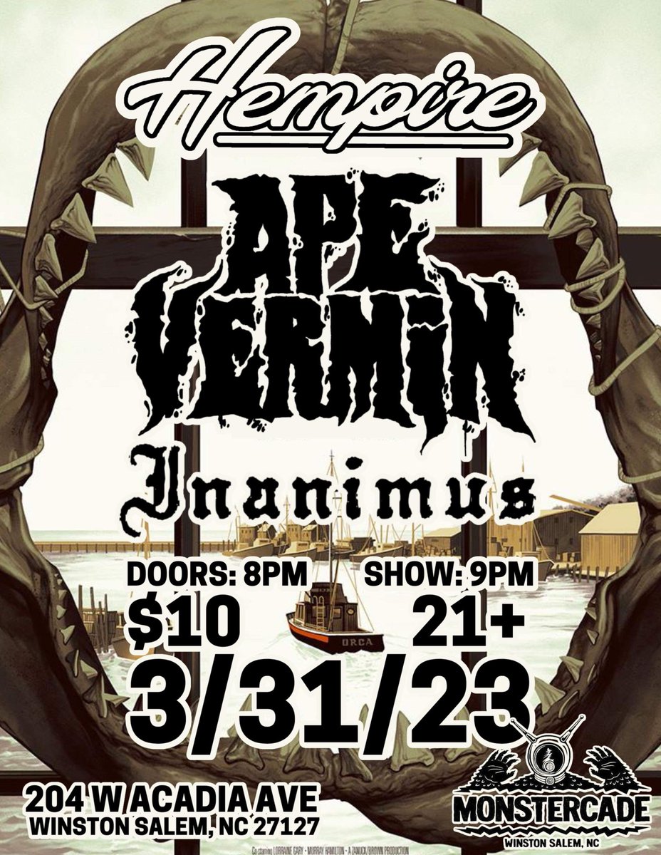 inanimusband's tweet photo. WINSTON SALEM, WEโRE HEADING TO YOU
Catch us at Monstercade with the legendary Hempire and Ape Vermin. This show will have 3 hour-long sets so bring ya boots and ya oiud and headbang with us til the night ends #winstonsalemmusic #monstercade #hempire #apevermin #stonermetal #doom https://t.co/s8nX0L7oBM