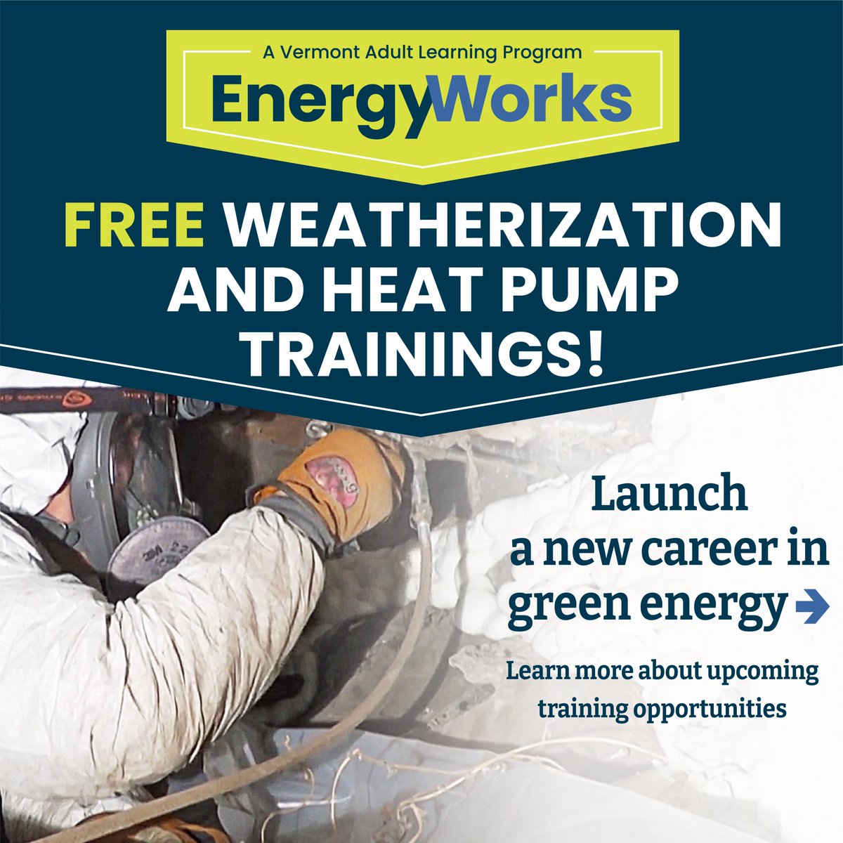 VTAdultLearning's tweet image. Looking to take a first step toward a career in green energy? Visit EnergyWorksVermont.org to learn more about upcoming training opportunities!